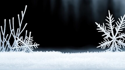 Two snowflakes and frosty details on a snow covered foreground