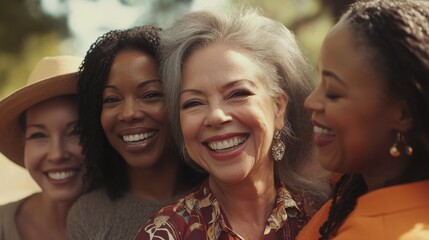 Fototapeta premium Diverse group of joyful middle aged women embracing and smiling outdoors