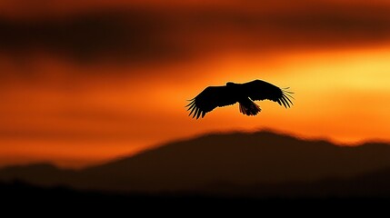 A Silhouetted Bird Flies Across a Fiery Orange Sky