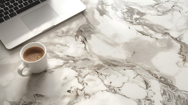 Laptop and coffee mug on a marble table creating a workspace aesthetic and minimalist design style