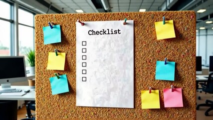 Bright office with a corkboard checklist and colorful sticky notes for task organization and reminders
