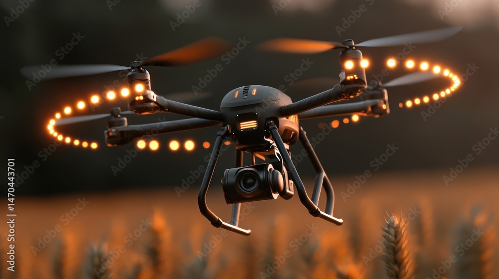 Poster a modern black drone flying over fields with illuminated lights