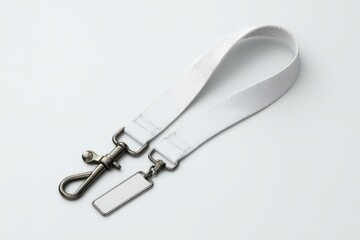 Blank white lanyard with a metal clip and a blank name tag. Perfect for branding or personalization.