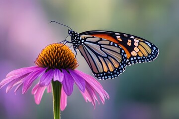Obraz premium A monarch butterfly rests delicately on a vibrant purple coneflower, its wings showcasing intricate patterns against a soft, blurred backdrop.