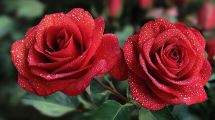 Scarlet roses bloom vibrantly adorned with two glistening dewdrops as warm sunlight bathes their lush green leaves in a serene garden