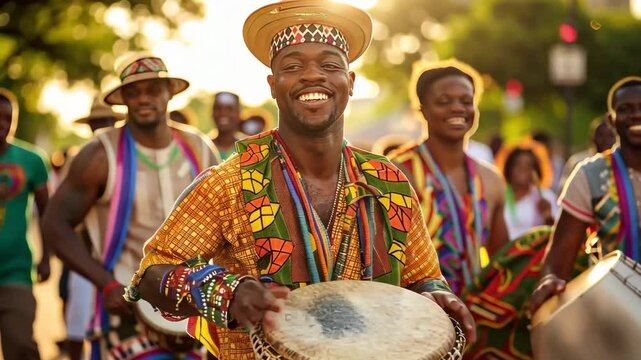 Jubilant drummer in vibrant attire celebrates Juneteenth with a street performance