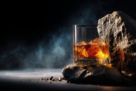 A glass of whiskey with ice cubes on a stone, set against a smoky, dark backdrop.