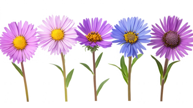 Five vibrant daisy flowers in a row with PNG transparent background