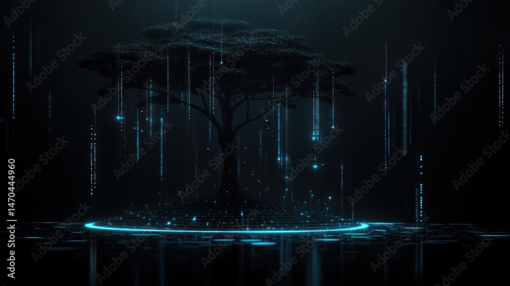 Poster A stylized image showing a digital tree in darkness and data