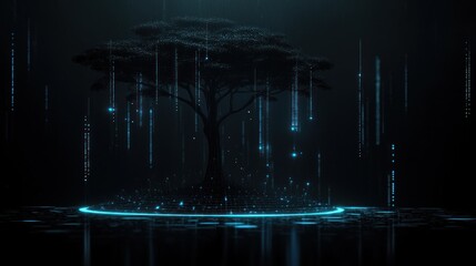 A stylized image showing a digital tree in darkness and data