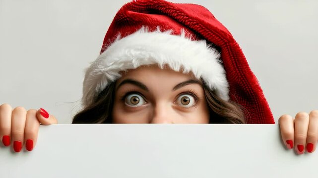 A woman with wide eyes, festive red nails, and a Christmas hat peeks over a blank white board. The neutral backdrop emphasizes the holiday theme and creates space for text.