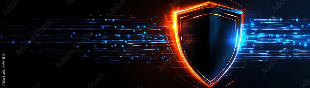 Poster a glowing shield representing security in a digital landscape