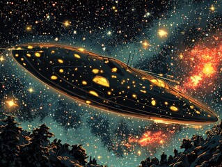 A sleek, dark spaceship with glowing lights traverses a vibrant cosmos, speckled with stars and nebulae.  A terrestrial landscape is visible below