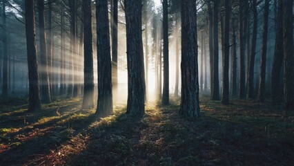 Obraz premium Sunlight streams through misty pine forest