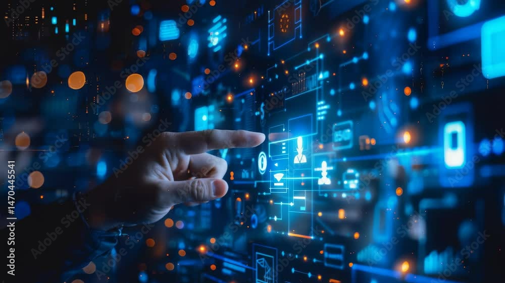 Poster A hand interacts with a bright blue digital interface, illuminated with glowing icons and lines. This image represents a modern, technology-driven future and an interactive user experience.