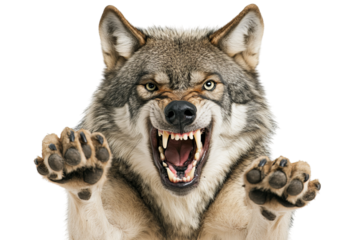 Fierce wolf displaying sharp teeth and claws, ready to pounce.