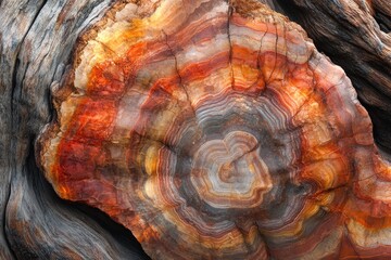 Striking close-up of colorful petrified wood with intricate patterns resembling tree rings, surrounded by weathered bark textures.