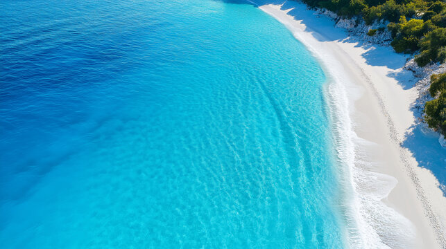 high angle and aerial view of clean ocean waves breaking on dark brown sand beach with turquoise emerald coloured water. Aqua life travel and adventure concept
Keywords: