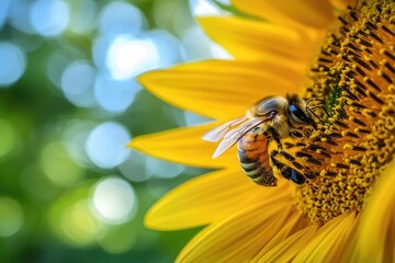 A bee collects pollen from a bright yellow sunflower in a garden on a sunny day, set against a blurred background.