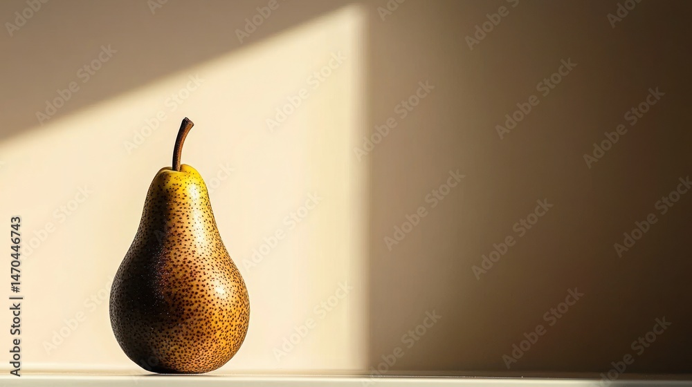 Poster a single pear fruit stands illuminated by a sunlit window