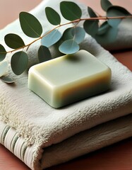 Seifenstück auf einem gefalteten Handtuch mit Eukalyptuszweig – natürliche Wellness-Stimmung im Detail.