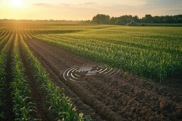 Sunset over a cornfield, showing precision agriculture technology in action.