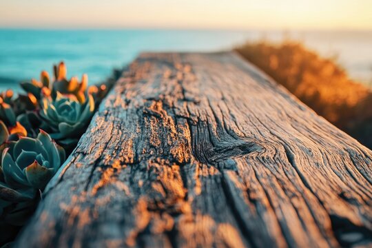 Close-up shot of weathered wood with succulents against a blurred ocean and sky background at sunset or sunrise.