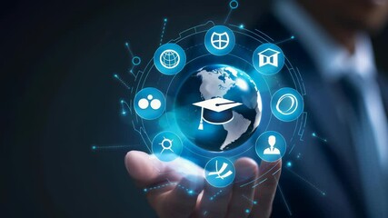The image depicts hand holding globe, digitally enhanced with graduation cap , various icons symbolizing education, security, , professional networks, highlighting global educational opportunities.
