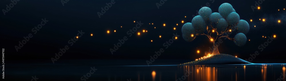 Aufkleber an illuminated tree stands near reflective water at nighttime