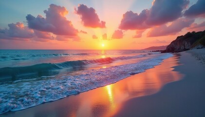 Tranquil beach scene at sunset, calm ocean waves gently lapping the shore , harmony, travel, zen