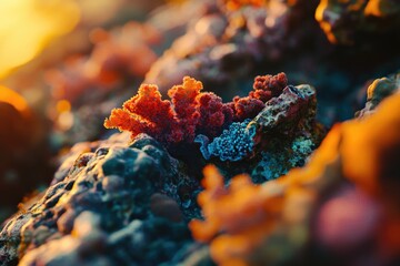 Vibrant coral reef formations illuminated by golden light, showcasing intricate textures and diverse marine life in a macro shot.