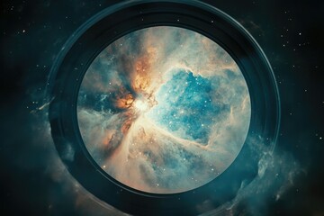 A mesmerizing view of a nebula through a spacecraft's porthole, showcasing cosmic wonders.