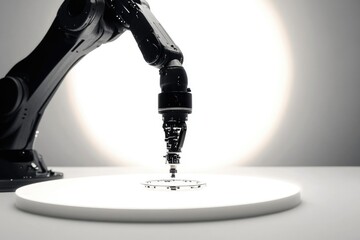 A robotic arm, precisely positioned above a circular platform, ready for task execution.