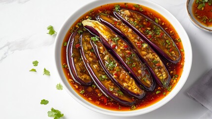 Top down view of Chinese fish fragrant eggplant spicy garlic sauce served white bowl clean white background traditional Sichuan vegetarian dish without fish popular western China cut out isolated