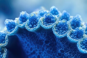 Intricate blue structures resembling coral or a microscopic organism, detailed texture and vibrant color.