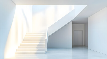 Fototapeta premium Spacious modern white interior with stairway leading to glass door living room bright clean architectural design