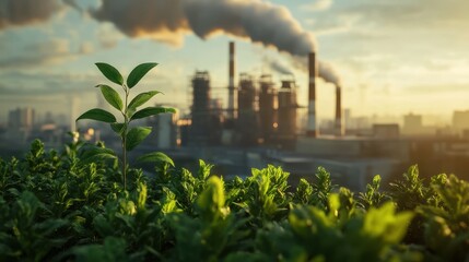 carbon emissions goals industrial smokestack concept. Green plant in foreground with industrial smokestacks in the background.