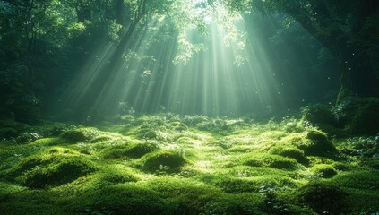 Fototapeta premium Sunlight streams through a lush forest canopy, illuminating a mossy glade. Sunlight filters through the trees, creating a magical atmosphere in the dense forest