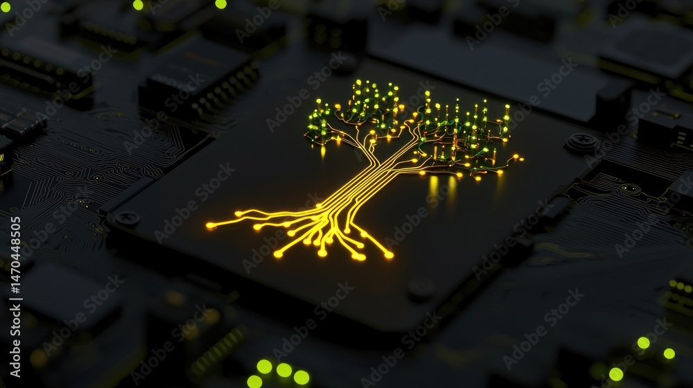 Aufkleber a glowing circuit board with a tree representing technology