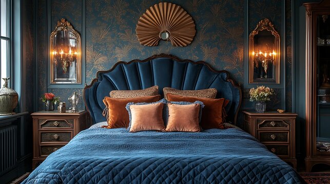 Elegant art deco bedroom featuring fan-shaped headboard and velvet bedding high resolution picture