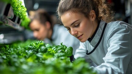 Obraz premium Young women tending to vibrant green spinach plants in a modern greenhouse setting