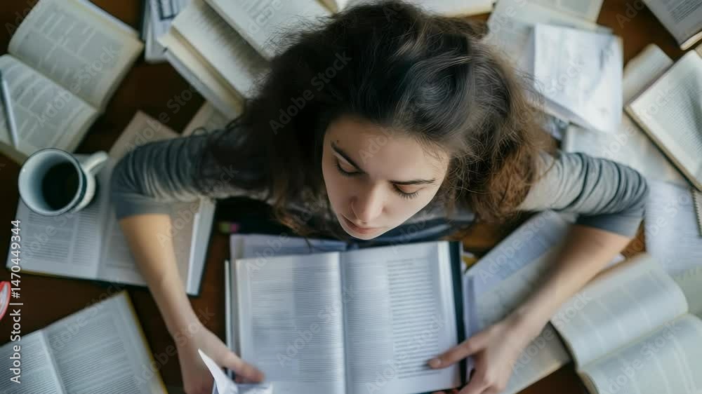Poster a woman engrossed in studies, surrounded by open books and a cup of coffee. the scene captures the e