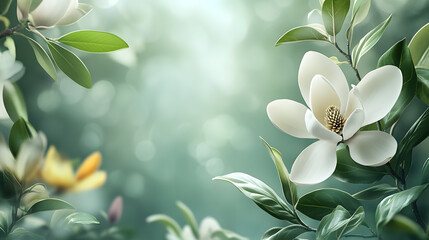 Obraz premium White magnolia flower with green leaves on right side minimalist floral arrangement with natural soft background