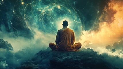 Obraz premium A meditating figure amidst a cosmic landscape.