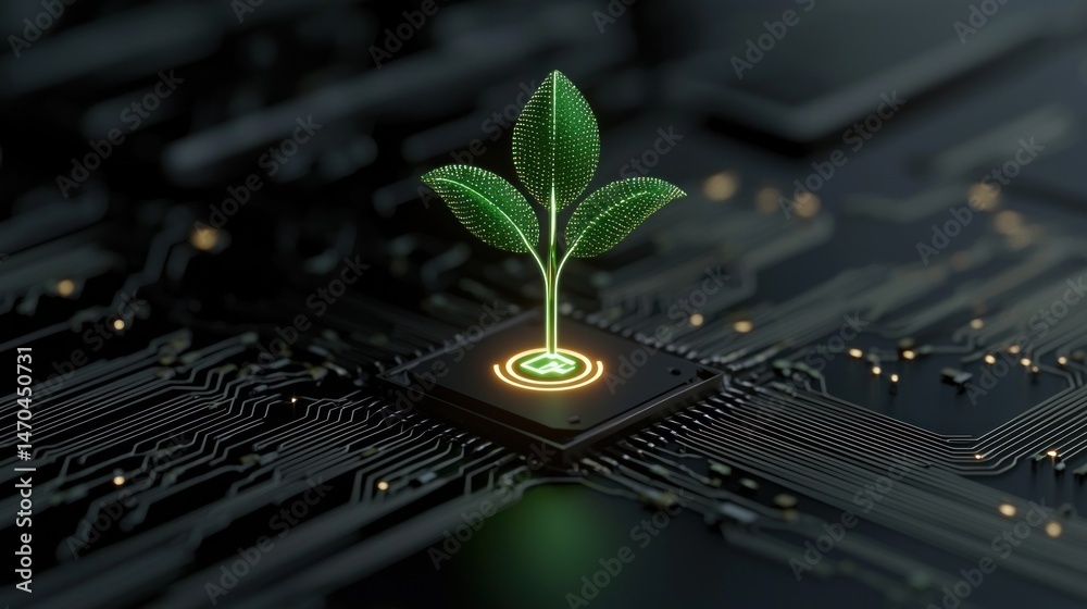 Poster a growing green plant atop a computer microchip processor