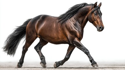 Obraz premium A majestic brown horse with a shiny coat walks forward, exuding strength, elegance, isolated on a white background
