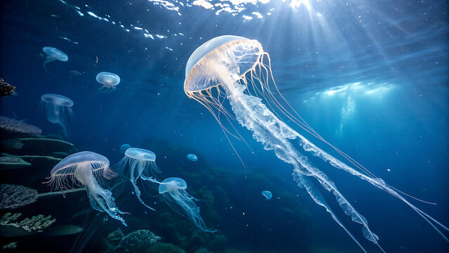 A surreal underwater scene with luminous jellyfish drifting amidst colorful coral reefs and schools of fish, creating an otherworldly, dreamlike aquatic environment.