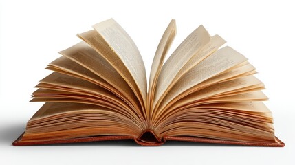 Open hardcover book with blank cream-colored pages lies flat, centered, isolated on a white background