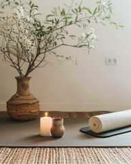Calming yoga and meditation studio setting with neutral colors and natural elements