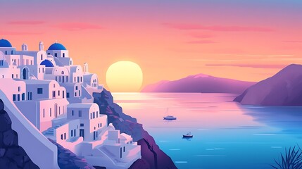 Fototapeta premium Santorini Sunset with Aegean Sea Village.